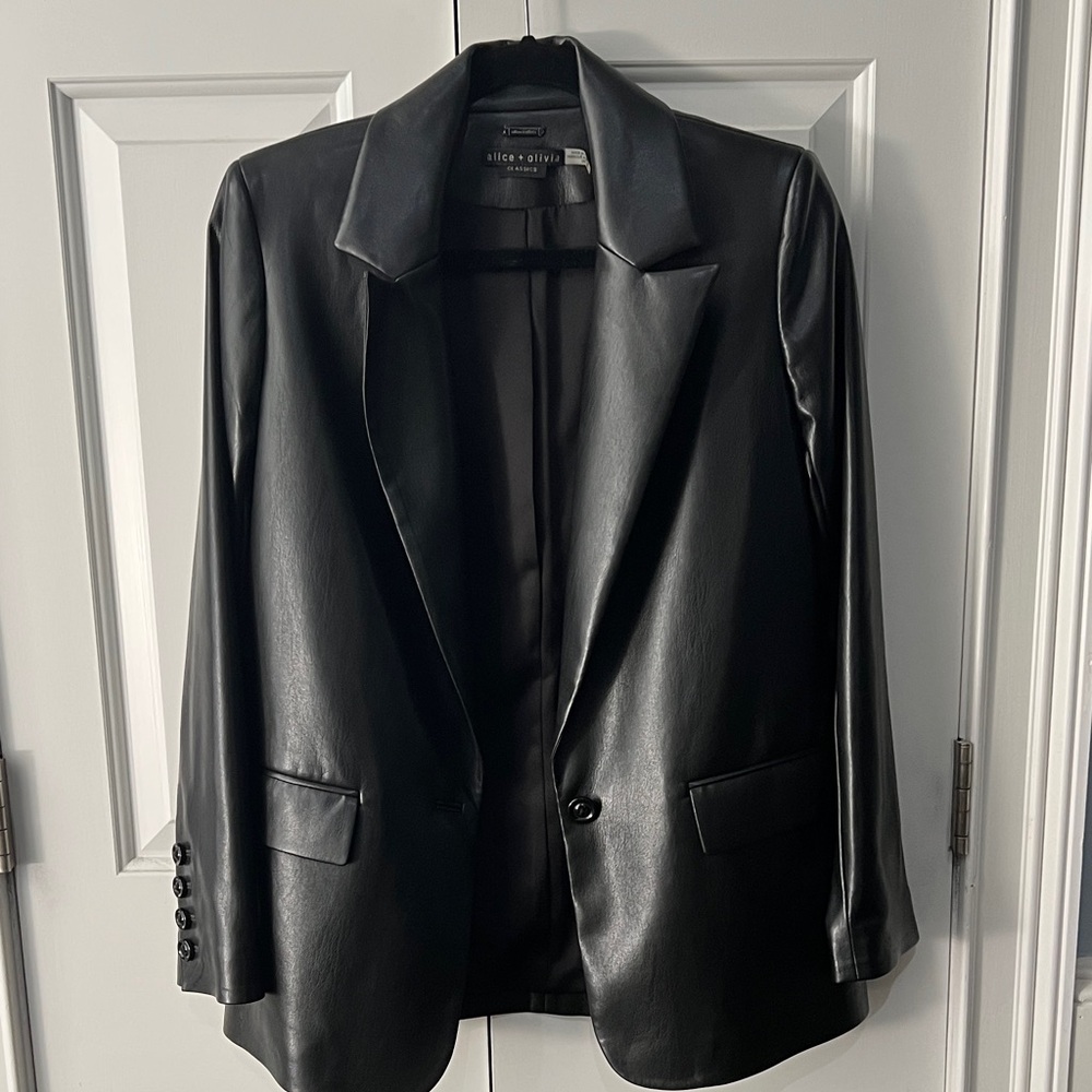 Alice + Olivia Denny Vegan Leather Black Blazer XS NWOT
